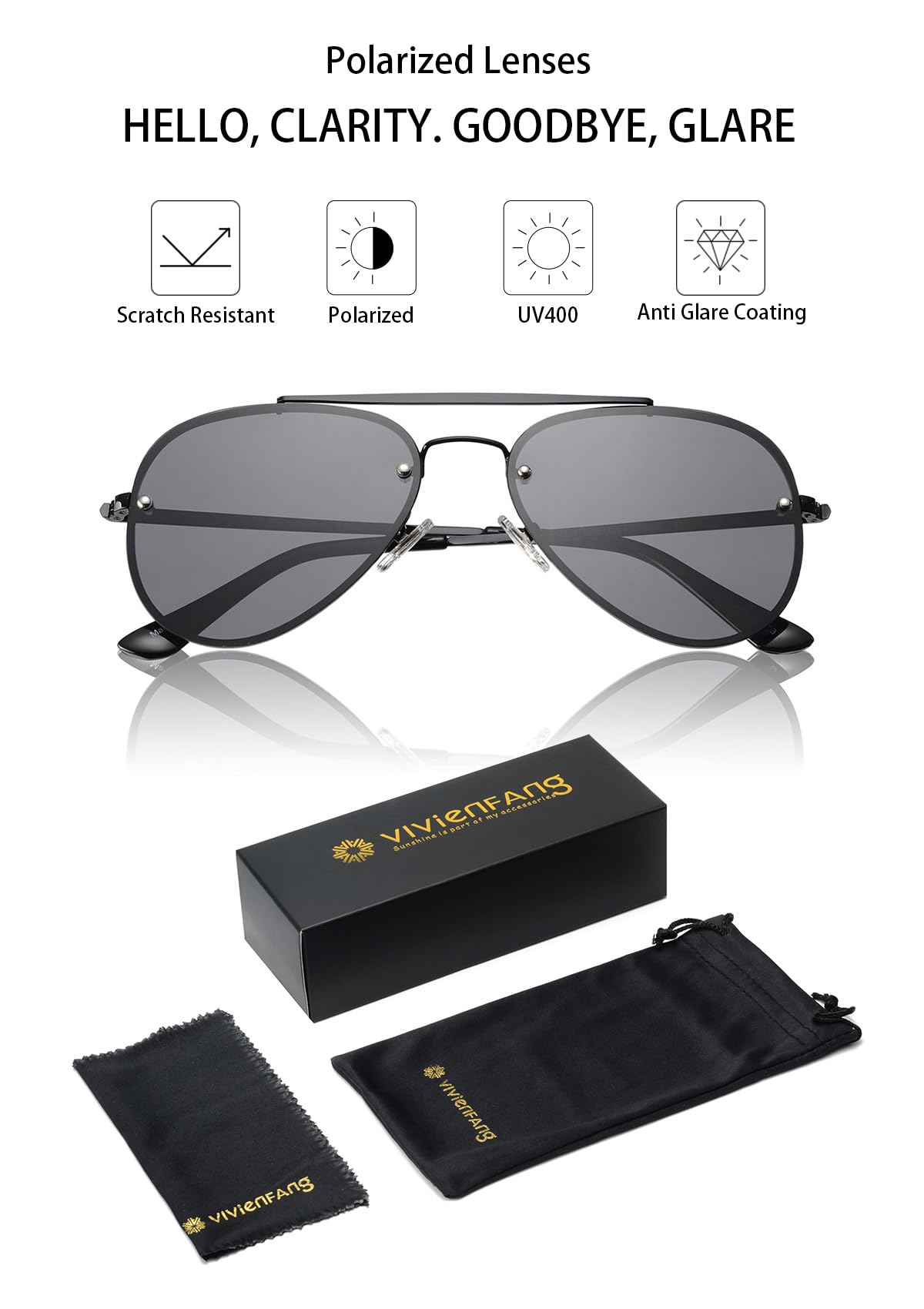 VIVIENFANG Black Sunglasses Woman, Retro Polarized Sun Glasses for Men, Super Dark Shades Womens UV400 Protection VF2224A
