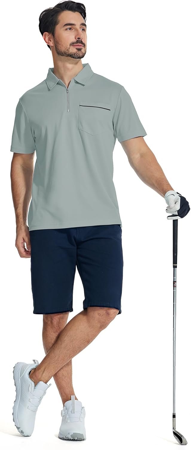 ZITY Men's Polo Shirts - Lightweight Quarter Zip Casual Golf Shirt with Pocket | Short Sleeve Design