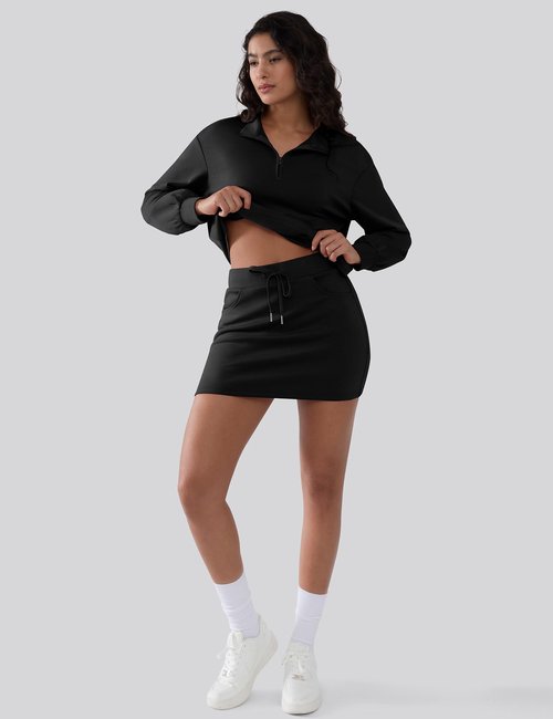 SHESHOW 2 Piece Skirt Set for Women Casual Quarter Zipper Long Sleeve Top and Tennis Skorts for Woman Black M