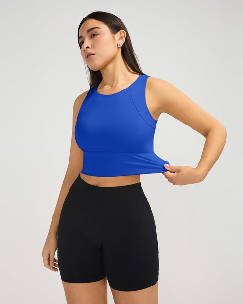 Ama Larsi High Neck Sports Bras for Women Medium Support Longline Sport Bras Padded Workout Yoga Crop Tank Tops Electric Blue