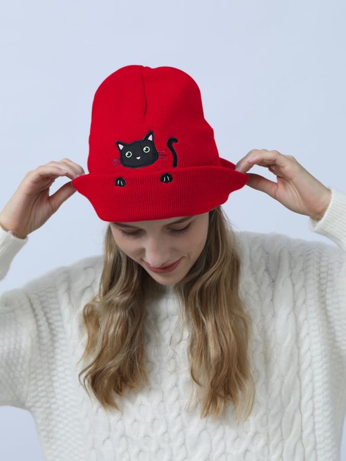 Women’s Cat Beanie Cute Cat Lover Valentines Gifts Animal Knitted Hats for Women Girls (Red)