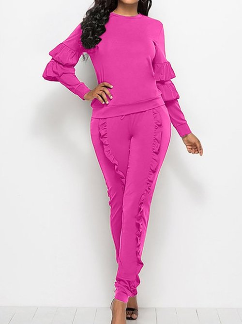Akmipoem Two Piece Outfit Bubble Satin Ruffle Sport Suit Sweatshirt and Sweatpants for Junior Rose XXXL