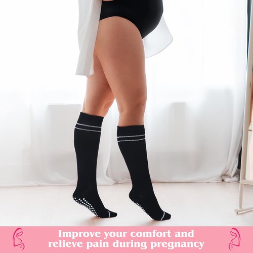 Funnysoft 6 Pair Pregnancy Compression Socks with Grip Non Slip 20-30 Mmhg Maternity Anti Skid Graduated Support Compression Stockings for Women Pregnant Nurses Yoga Supply