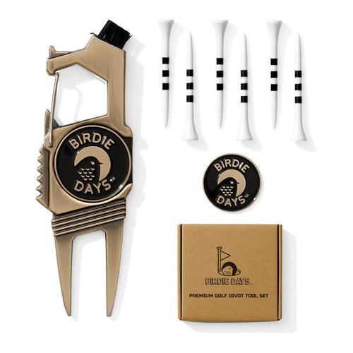 Birdie Days | Golf Ball Marker and Divot Tool Set | Antique Brass Finish | 2 Ball Markers and 1 Divot Tool | 6 Plastic Tees