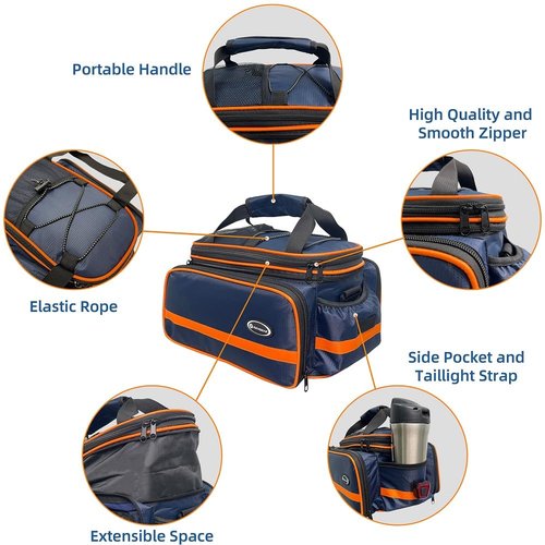 reygeak Bike Rack Bag, 25L Multi-functional Polyester Saddle Trunk Shoulder Panniers for Bicycle, Black Large Capacity Extensible Luggage for Adults, with Rainproof Cover (Blue Orange)