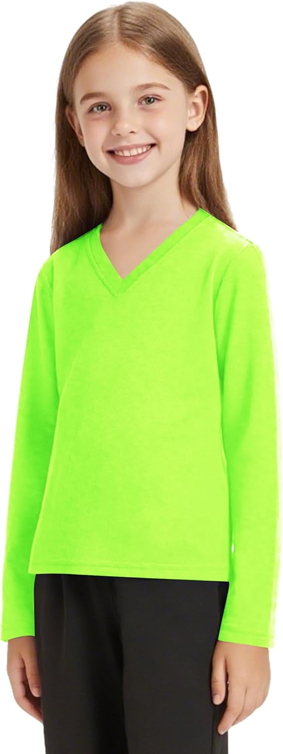 QBK Youth Neon Rash Guard - UPF 50+ V-Neck Long Sleeve Athletic Shirt for Kids