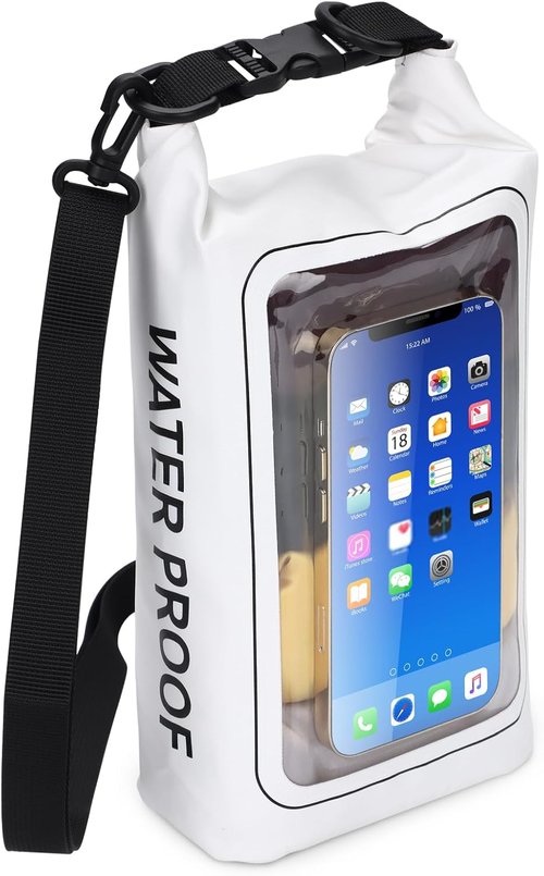 IP68 Waterproof Dry Bag - 2L Roll Top Pool Bag with Phone Pouch for Kayaking & Boating (White)