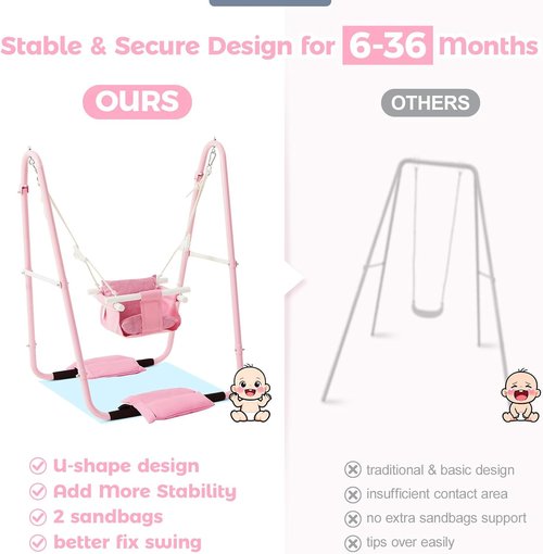 FUNLIO U-Shape Toddler Swing Set - Heavy Duty Metal Frame, Easy to Assemble, Portable & Foldable - Pink, 6-36 Months