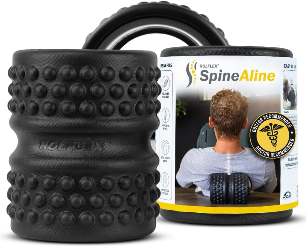 Rolflex SpineAline Back Roller - Ergonomic Deep Tissue Massage Tool for Spine Alignment | Supports Up to 300 lbs - Black
