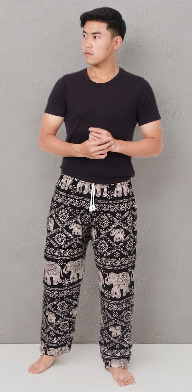 Elephant Black Drawstring Waist 4-12 Boho Parachute Lounge Pants - Loose Baggy Yoga Harem