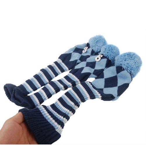 HIFROM 3pcs/Set Golf Club Argyle Knit Head Covers Headcovers Vintange Pom Pom Sock Covers 1-3-5 Compatible with Driver & Woods Blue & Dark Blue