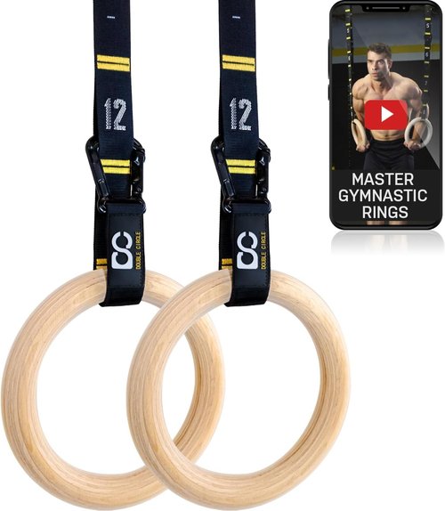 Double Circle Wood Gymnastics Rings - Quick Adjust Numbered Straps & Exercise Guide | Full Body Workout (Multi-Size)