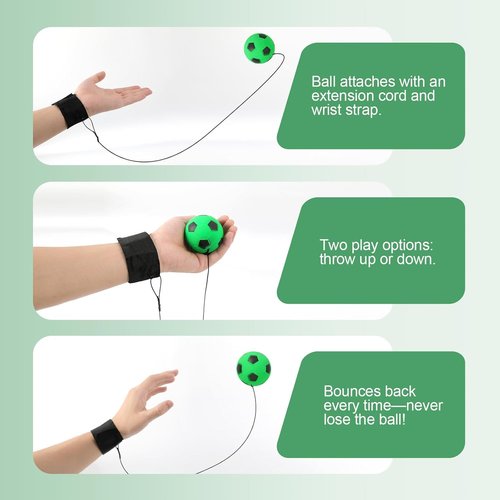 Green Wrist Return Ball of String, 2.36 Inch Rubber Rebound Foam Sports Wrist Balls with Wrists Strap, Bounce Back Ball on String, Elastic Rubber Wrists Sports Return Balls for Adults Teens