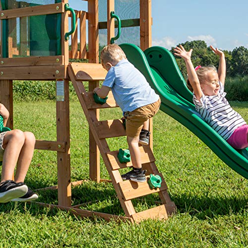 Green Backyard Discovery Buckley Hill Cedar Wood Swing Set with Wave Slide & Play Deck