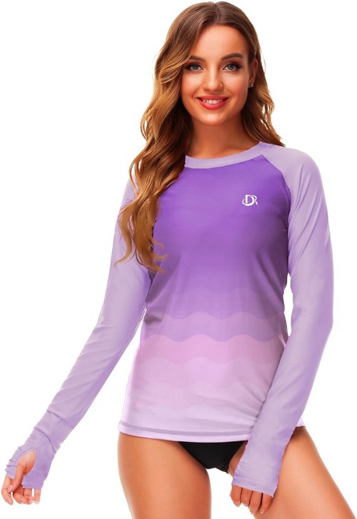 Deerose Women's Gradient Rash Guard - UPF 50+ Surfing Swim Shirt with Thumb Hole