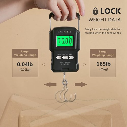 Nutri Fit Digital Luggage Weight Scale - Handheld Suitcase Weigher with Hook & Measuring Tape, 165lb/75kg