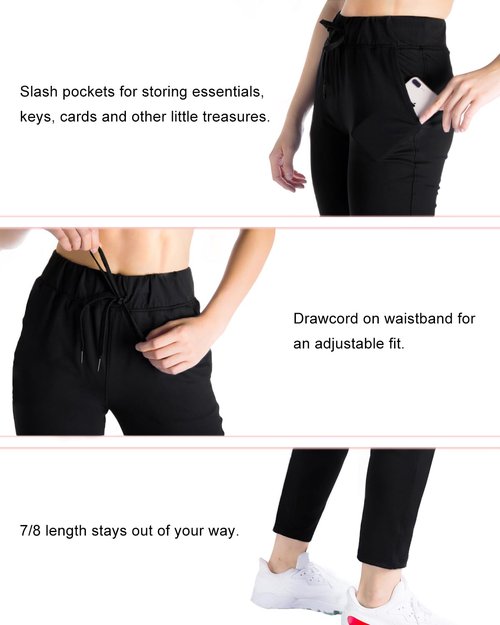 Yogipace Petite Women's 7/8 On The Go Pants, Drawstring Casual Lounge Joggers, Everyday Travel Pants,Black,24",Size Small