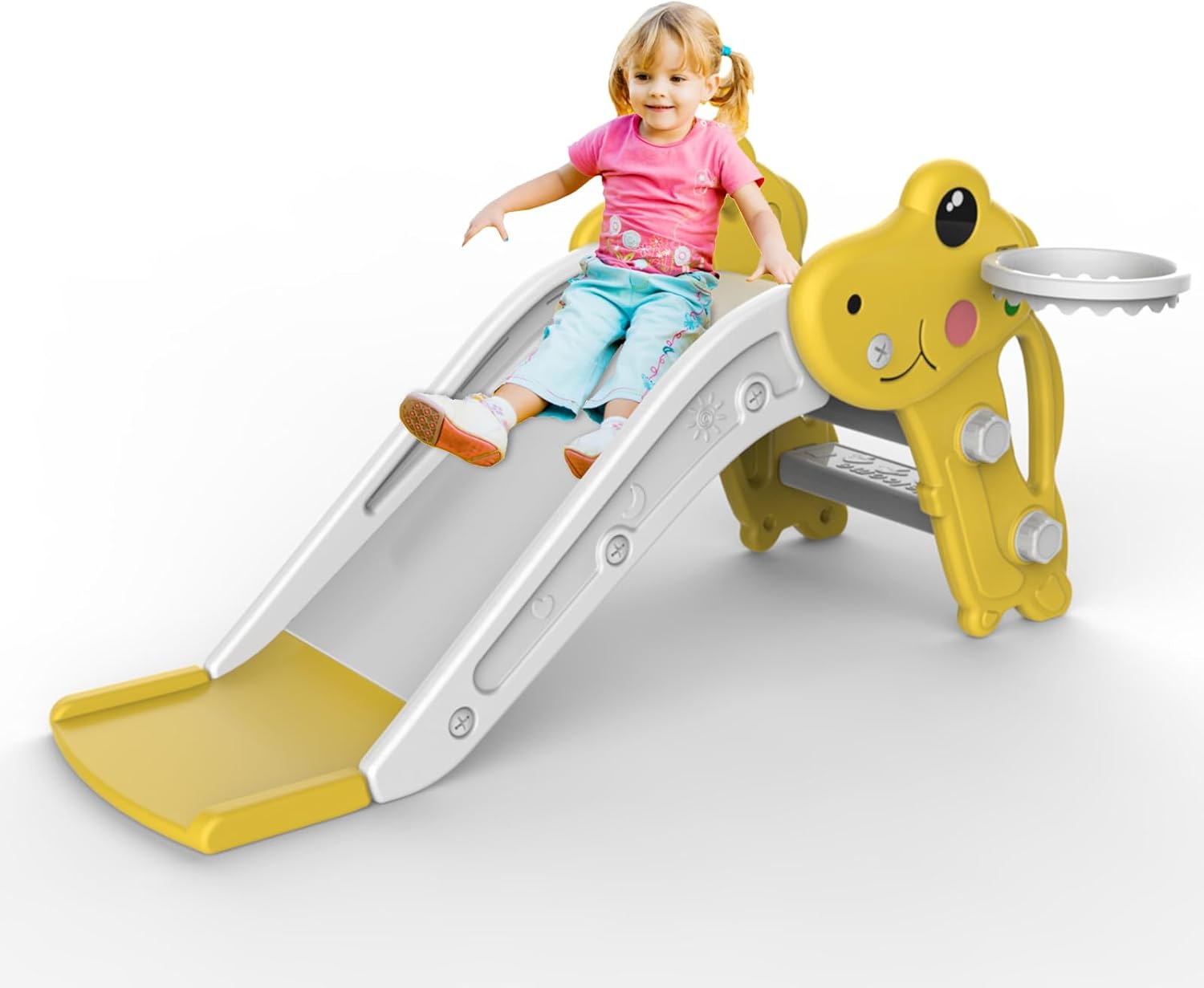 Skiennix Toddler Slide - Indoor/Outdoor Playset with Ball & Hoop, Non-Slip Steps | Yellow, Ages 1-3