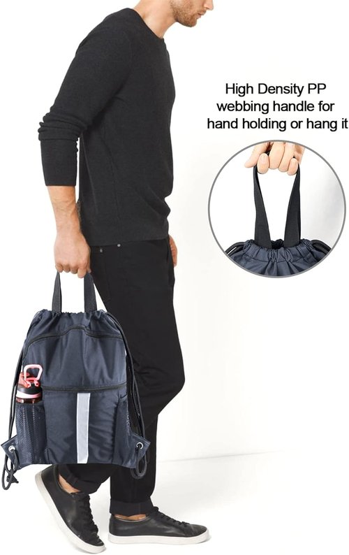 BeeGreen X-Large Drawstring Backpack - Black Gym Bag with Shoe Compartment for Sports & Travel