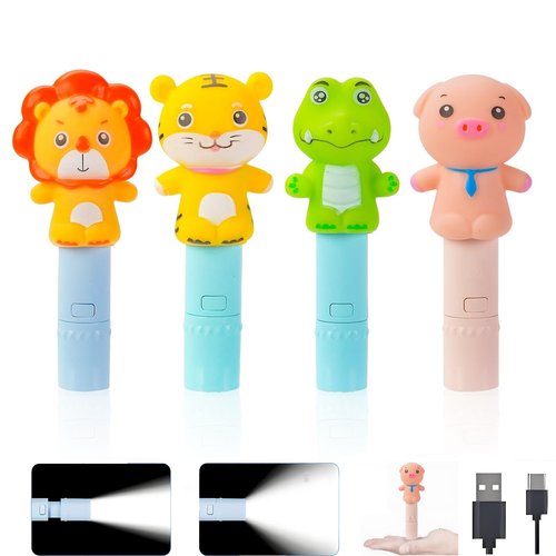 Darlur 4 Pack Small Mini Cute Kids Flashlight, Rechargeable Animal Flashlights for Boys Girls,Christmas Gifts Stocking Stuffers