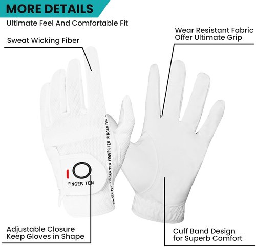 FINGER TEN Golf Gloves - All-Weather Grip for Right & Left-Handed Golfers | 6-Pack in Various Sizes
