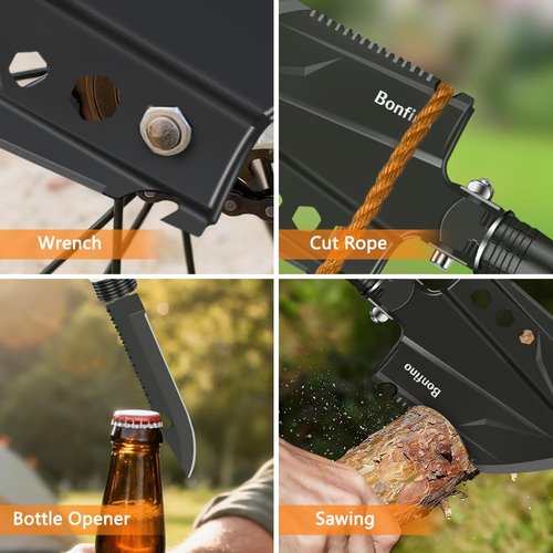 Bonfino Foldable Camping Shovel - 30.4" High Carbon Steel Portable Multitool Entrenching Tool for Backpacking, Hiking, Survival & Car Emergency - Versatile & Sturdy