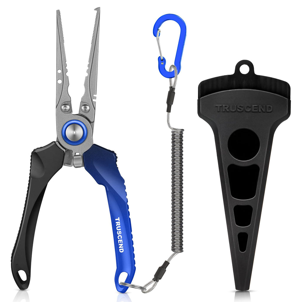 TRUSCEND Lockable Fishing Pliers with High Tungsten Carbide Cutter, Innovative Ergonomic Handy Handle, Saltwater Corrosion Resistant Teflon Coated Fishing Tool, Super Light Multi-Function Fishing Gear