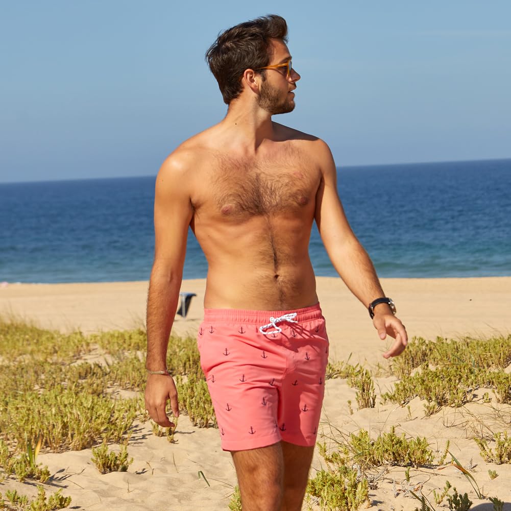MaaMgic Mens Quick Dry Anchor Swim Trunks with Mesh Lining Swimwear Bathing Suits,Red-glm009,Small
