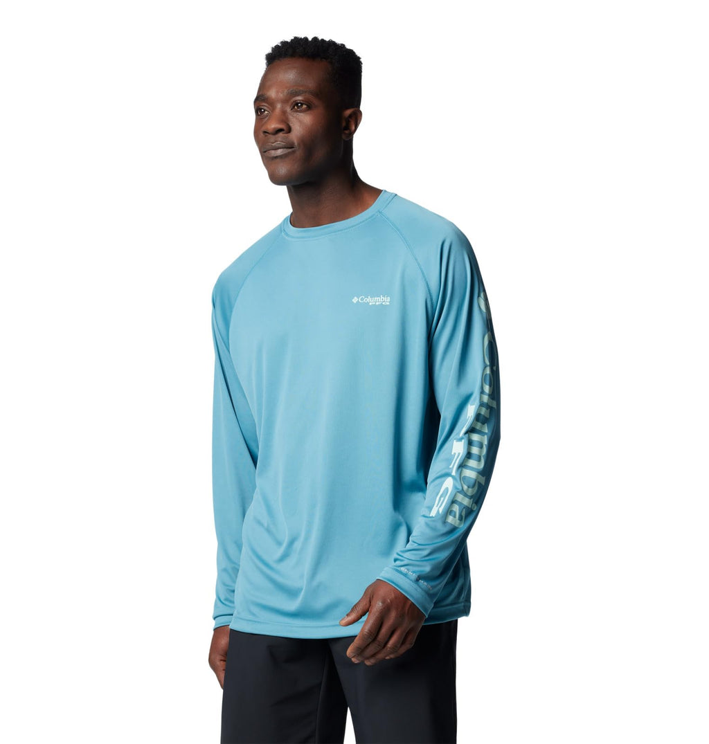 Columbia Men's Terminal Tackle Long Sleeve Fishing Shirt, Canyon Blue/ICY Morn Logo, 2X