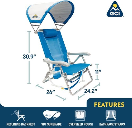 GCI Outdoor Sunshade Backpack Beach Chair - Reclining Folding Canopy with Drink Holder & Carry Straps | Saybrook Blue