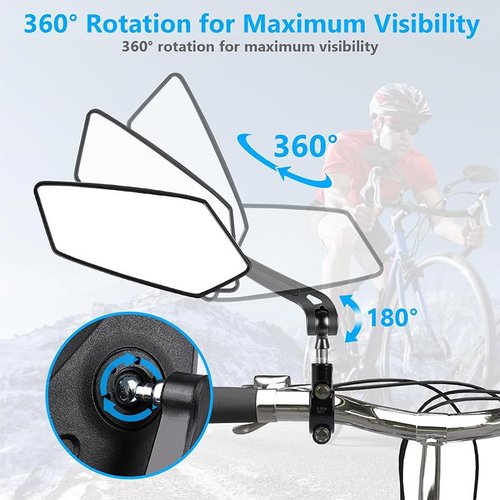 1 Pair Handlebar Bike Mirror, 360° Rotatable Scratch Resistant Glass Lens High Definition Ebike Rear View Mirrors with Mount Accessories for Mountain Bike Road Bike E-Bike