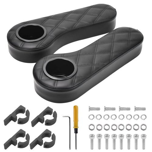 NOKINS Golf Cart Diamond Armrest with Cup Holder, No Drilling, for Round Bracket Armrest 1 1/4 Size, Fits Advanced EV Golf Cart Rear Seat Circular Frame Side Rod 1 1/4" (Black Stitching)
