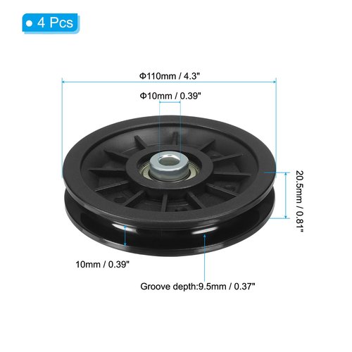 PATIKIL Universal Bearing Pulley Wheel 110mm/4.3", 4 Pack Nylon Bearing Pulley Wheel Lifting Bearing Wheel Replace for Gym Equipment Part Cable Machine