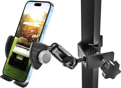 woleyi Golf Cart Phone Holder Clip- [Wider Clamp & Metal Arm] 360° Adjustable Phone Mount for EZGO/Club Car/Yamaha, Compatible with iPhone Air 17 Pro Max 16 15 14 13 12 Plus, S25, 4.7 to 7" Smartphone