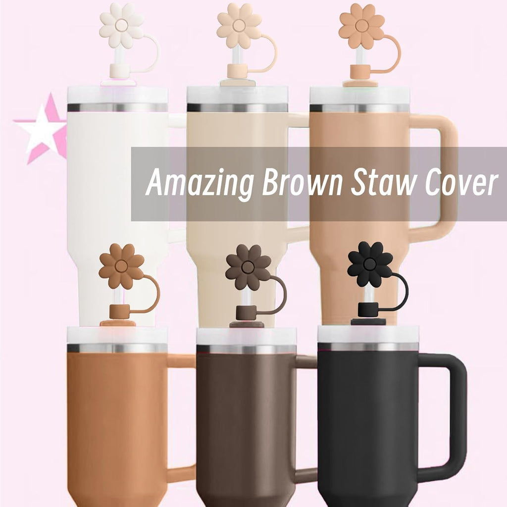 Skiennix Brown Series Silicone Straw Covers - Dust-Proof Toppers for Stanley Cups | 6PCS Flower Caps