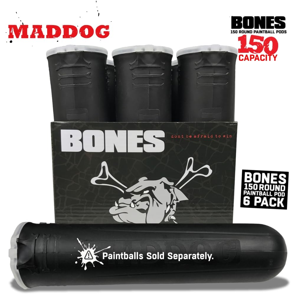 Maddog 150 Round Bones Paintball Pods | Durable Quick Reload Tubes for Tournament and Recreational Speedball Woodsball | 6 Pack - Black
