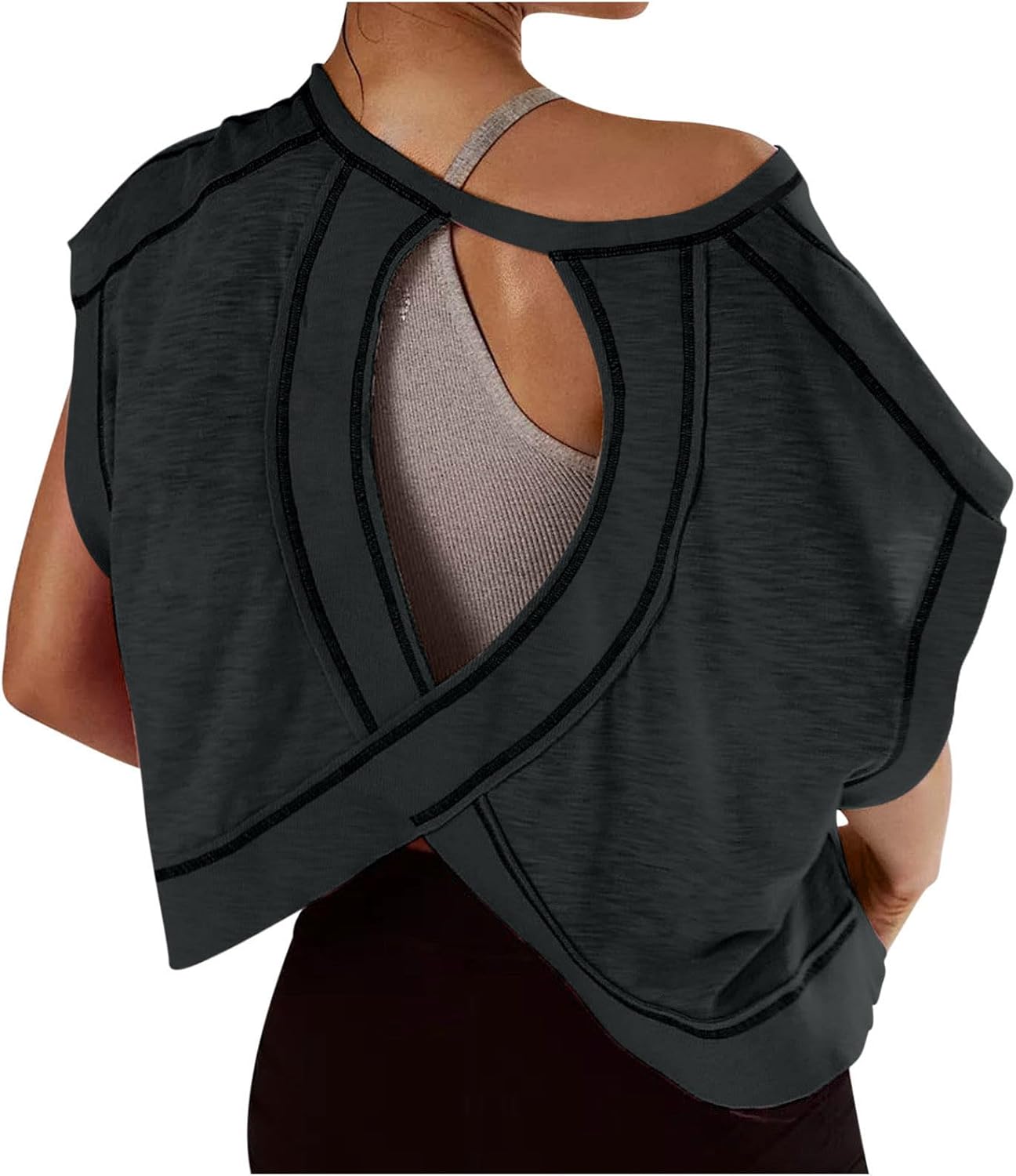 Skiennix Women's Open Back Yoga Tops - Short Sleeve Slouchy Crop Tees for Athletic Workouts | Casual Backless Design