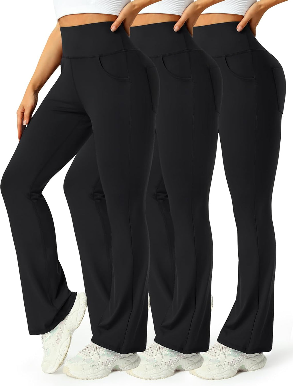Skiennix Women's High Waist Flare Yoga Pants - Comfortable Wide Leg Design with Pockets | 3-Pack Set