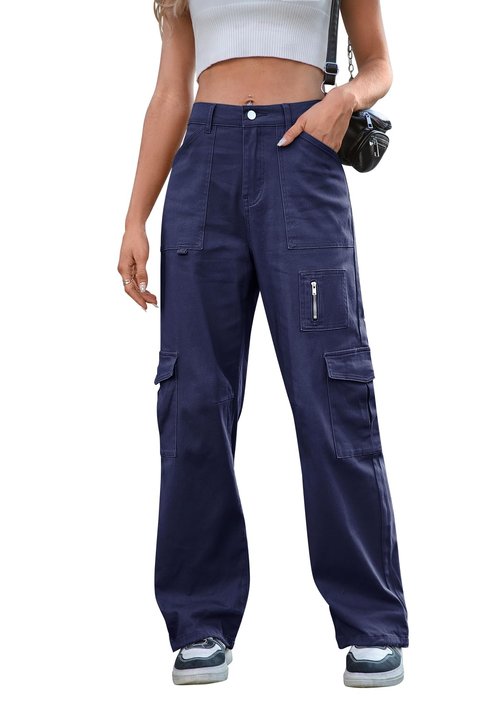IVIR Blue Cargo Pants Women Adjustable Waist Baggy Cargo Pants with Pockets Straight Wide Leg Pants Navy Blue XL