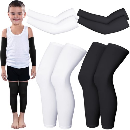 Charniol 4 Pairs Kids Arm Sleeves for Basketball Kids Long Compression Leg Sleeves and Arm Sleeves Youth Basketball Leg Sleeves(Black and White,Large)