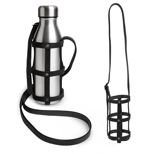 Hide & Drink, Rustic Leather Water Bottle Holder With Adjustable Strap, Fits (2.5 in.) Diameter Bottles, Holster, Carrier, Case, Booze Strap, Handmade (Charcoal Black)