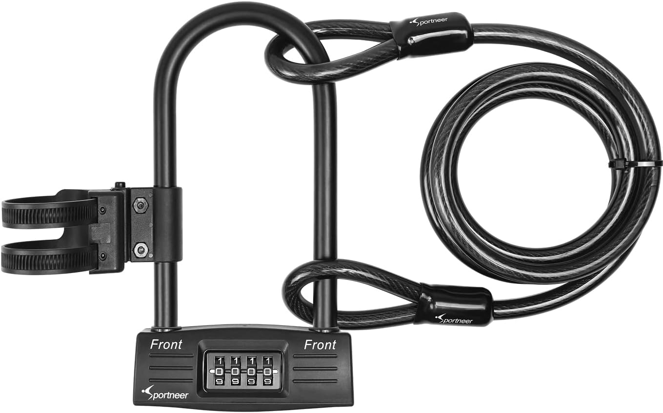 Sportneer Bike Lock - 14mm Keyless Combination U-Lock with 5ft Security Cable | Heavy-Duty Anti-Theft Design, 9.05''x4.9''