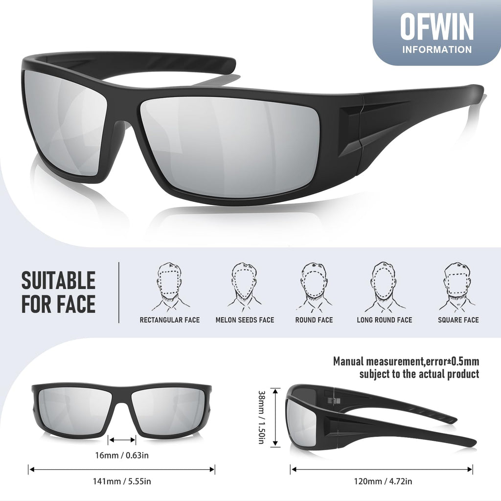 Ofwin Polarized Sports Sunglasses for Men Women Unbreakable Frame Cycling Fishing Wrap Around Sunglasses UV400 Protection Black Frame/Silver Mirror Lens