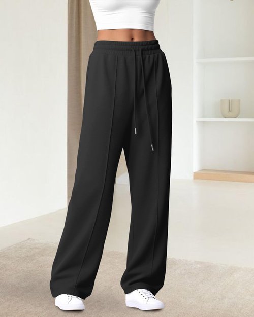 IPMQ Womens Wide Leg Sweatpants High Waisted Drawstring Sweatpant Baggy Pants with Pockets Athletic Joggers Black