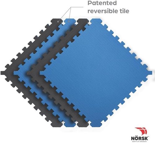 Norsk Reversible Exercise Mats - 3/4" Thick EVA Interlocking Foam Tiles | Perfect Home Gym Flooring, 16 Sq. Ft., Dazzling Blue/Black