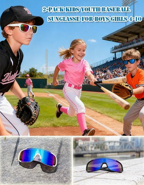 LOOVILEN 2-Pack Kids Youth Baseball Sunglasses for Boys Girls 4-12 - Unbreakable Solid Arm Sports Shades UV400 Protection Goggles Green Blue Silver