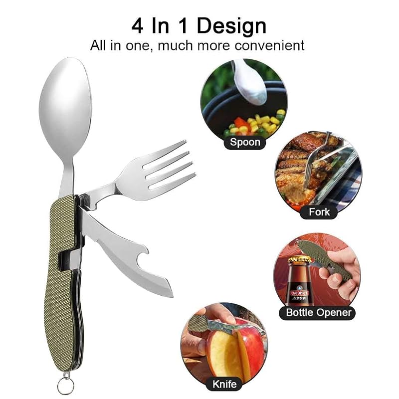 Caudblor 2-Piece Camping Utensil Set, 4-in-1 Stainless Steel Foldable Knife Fork Spoon
