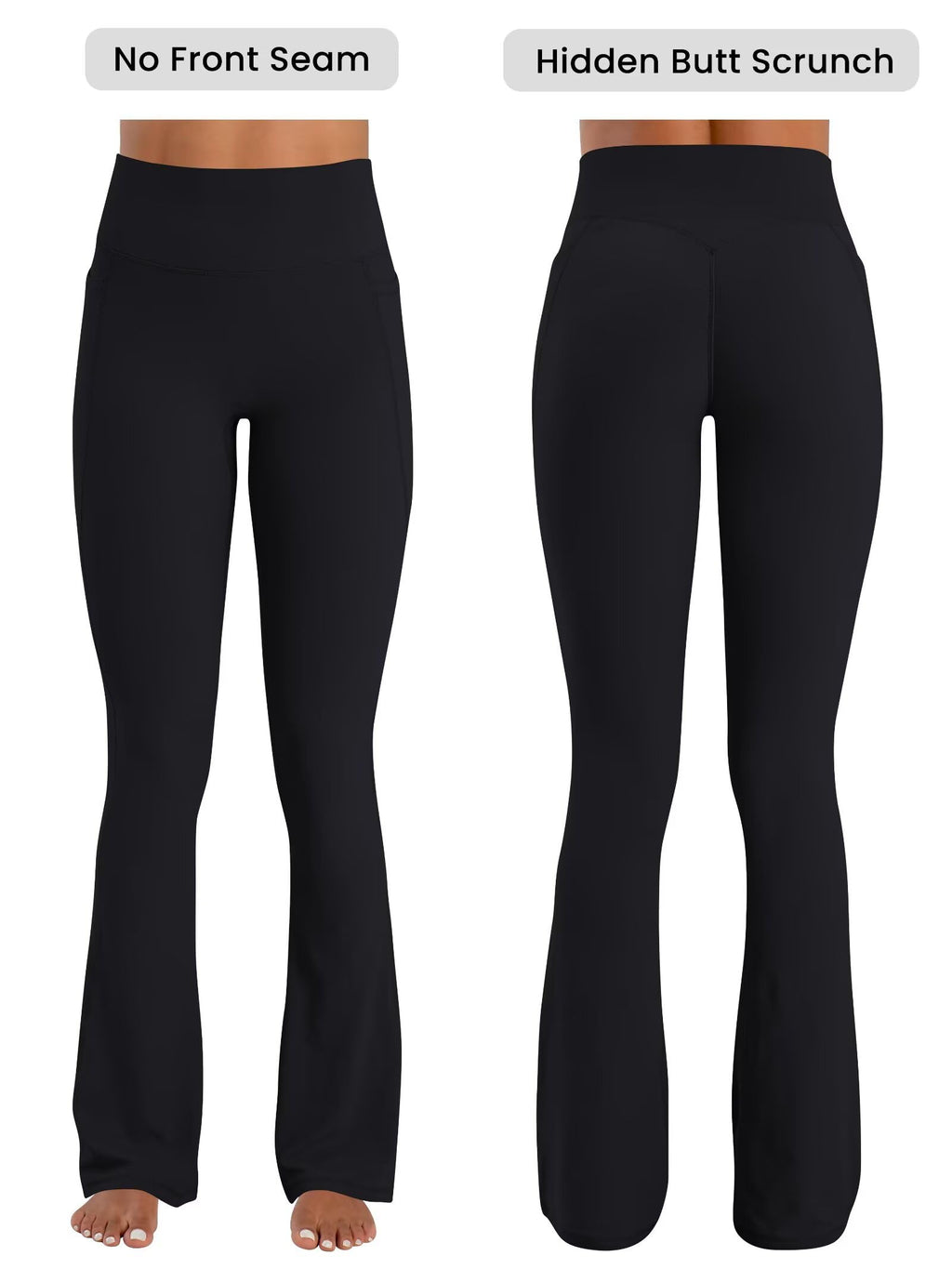 Sunzel No Front Seam Flare Leggings for Women with Pockets Hidden Butt Lifting Scrunch Tummy Control Mini Flared Yoga Pants 32" Inseam Black Medium