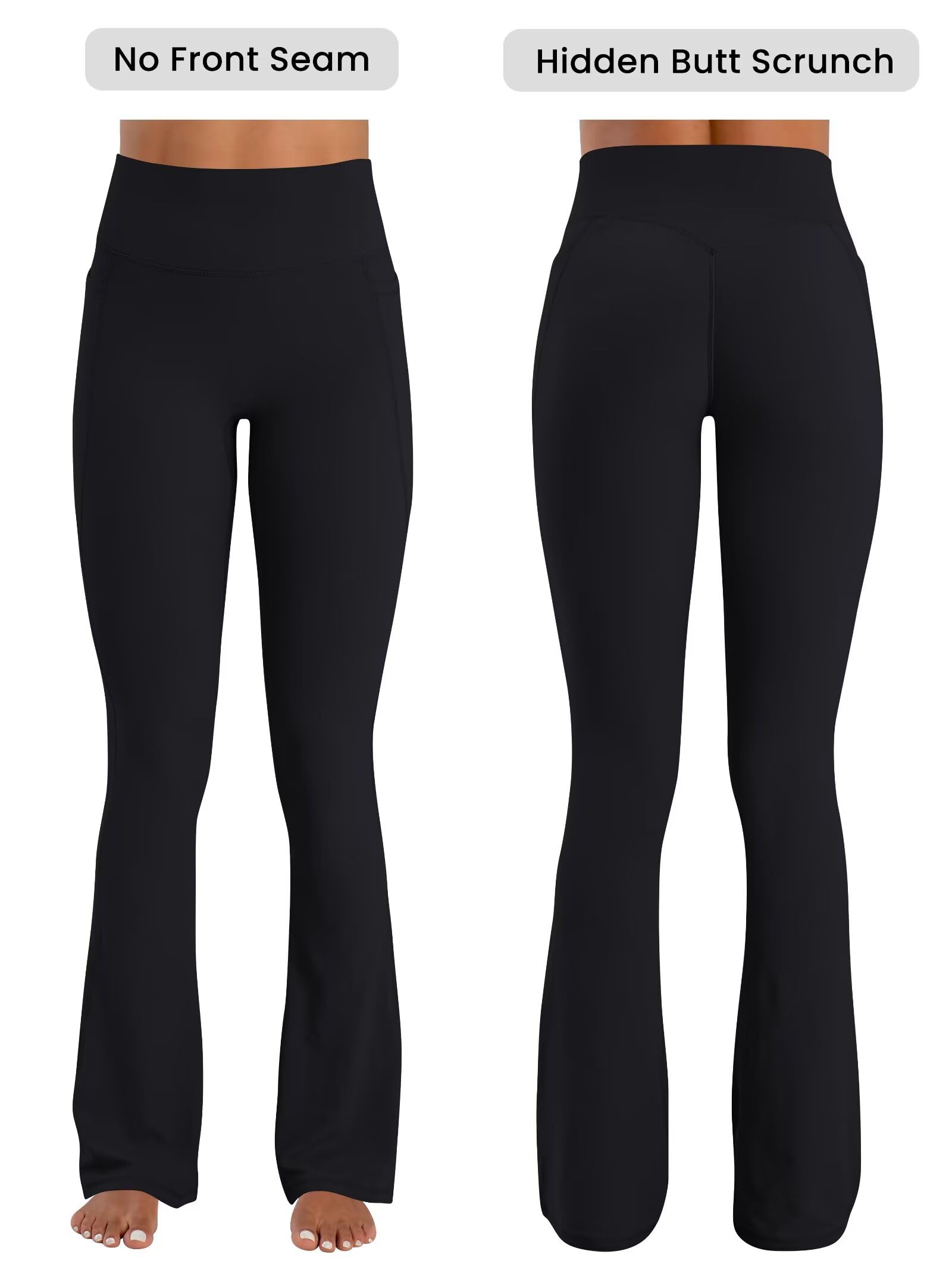 Sunzel No Front Seam Flare Leggings for Women with Pockets Hidden Butt Lifting Scrunch Tummy Control Mini Flared Yoga Pants 32" Inseam Black Medium