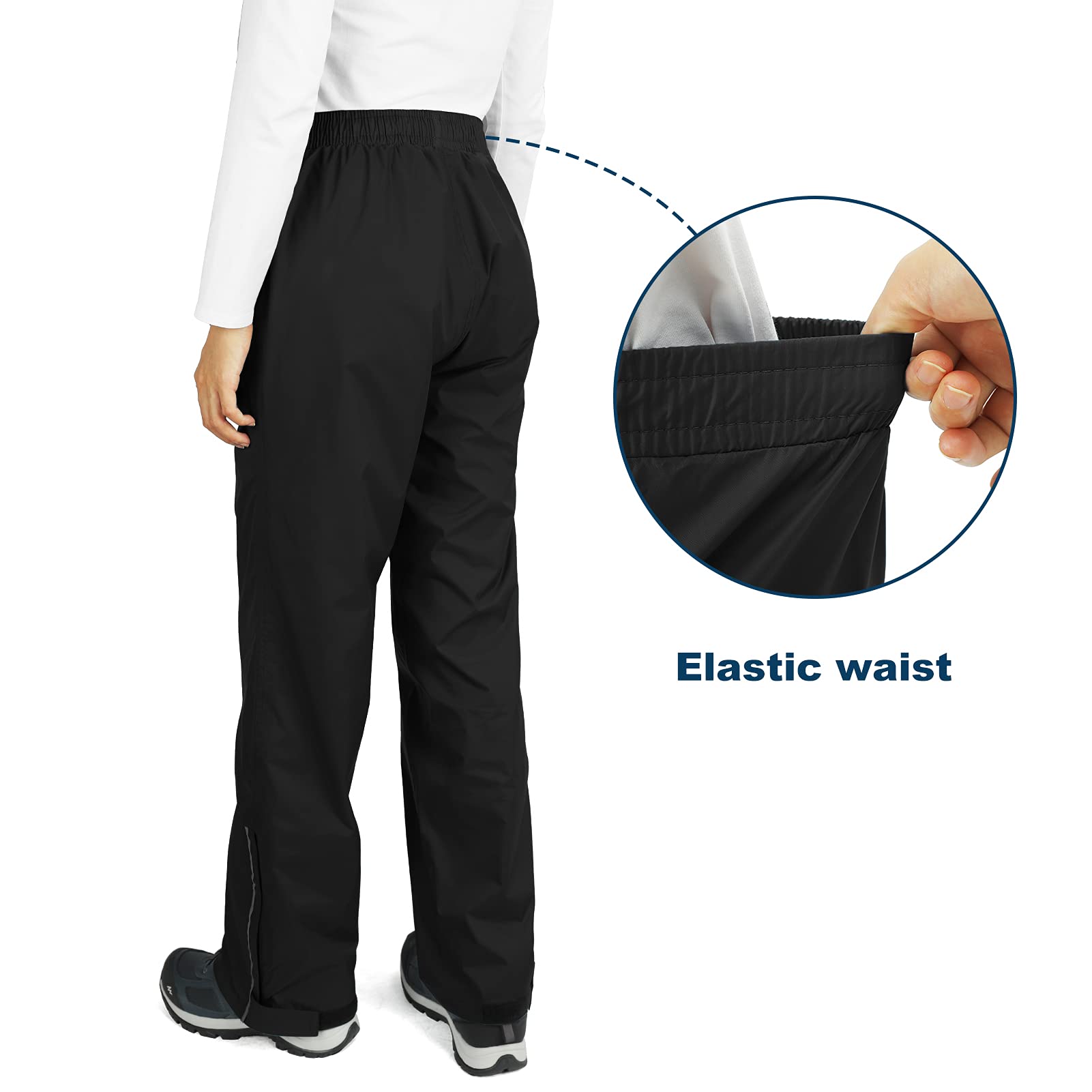 Outdoor Ventures Women's Rain Pants Packable Waterproof Hiking Pants Windproof Breathable Outdoor Rain Over Pants Black